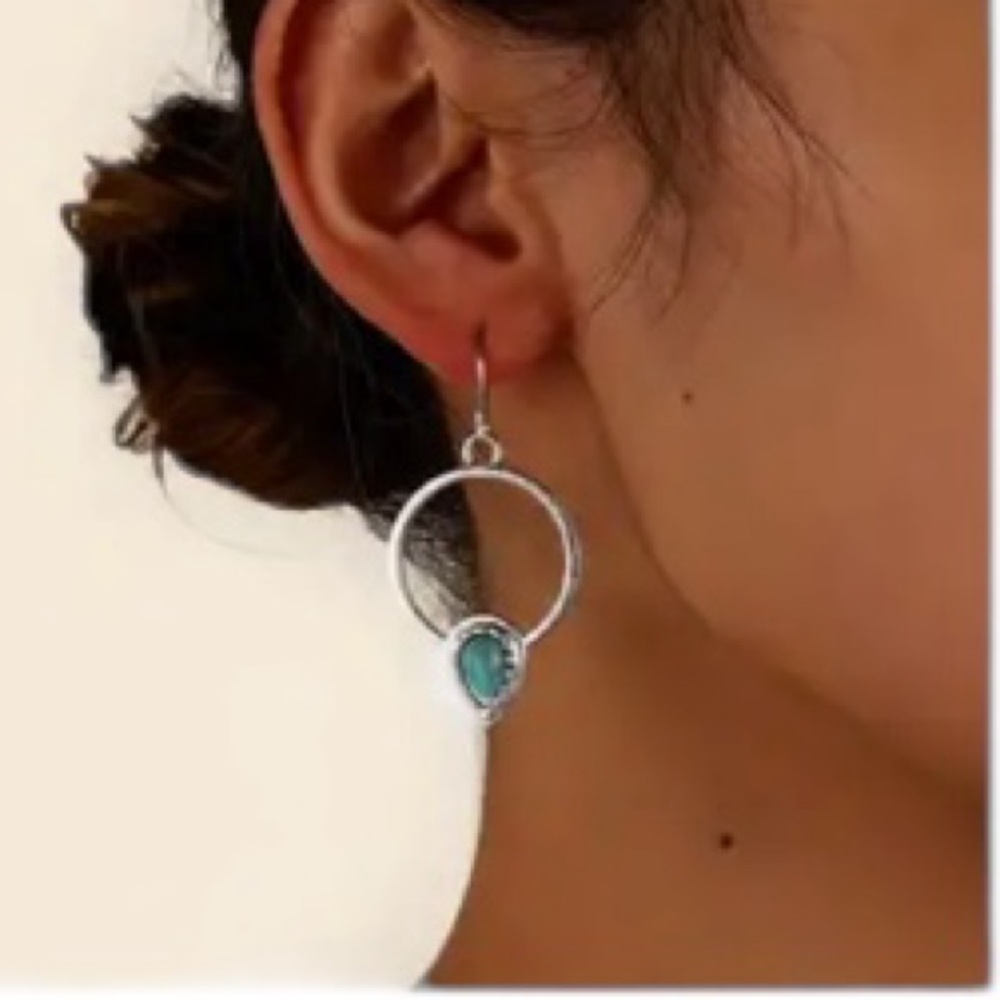Boho Antique Silver and Turquoise Hollow Hoop Earrings